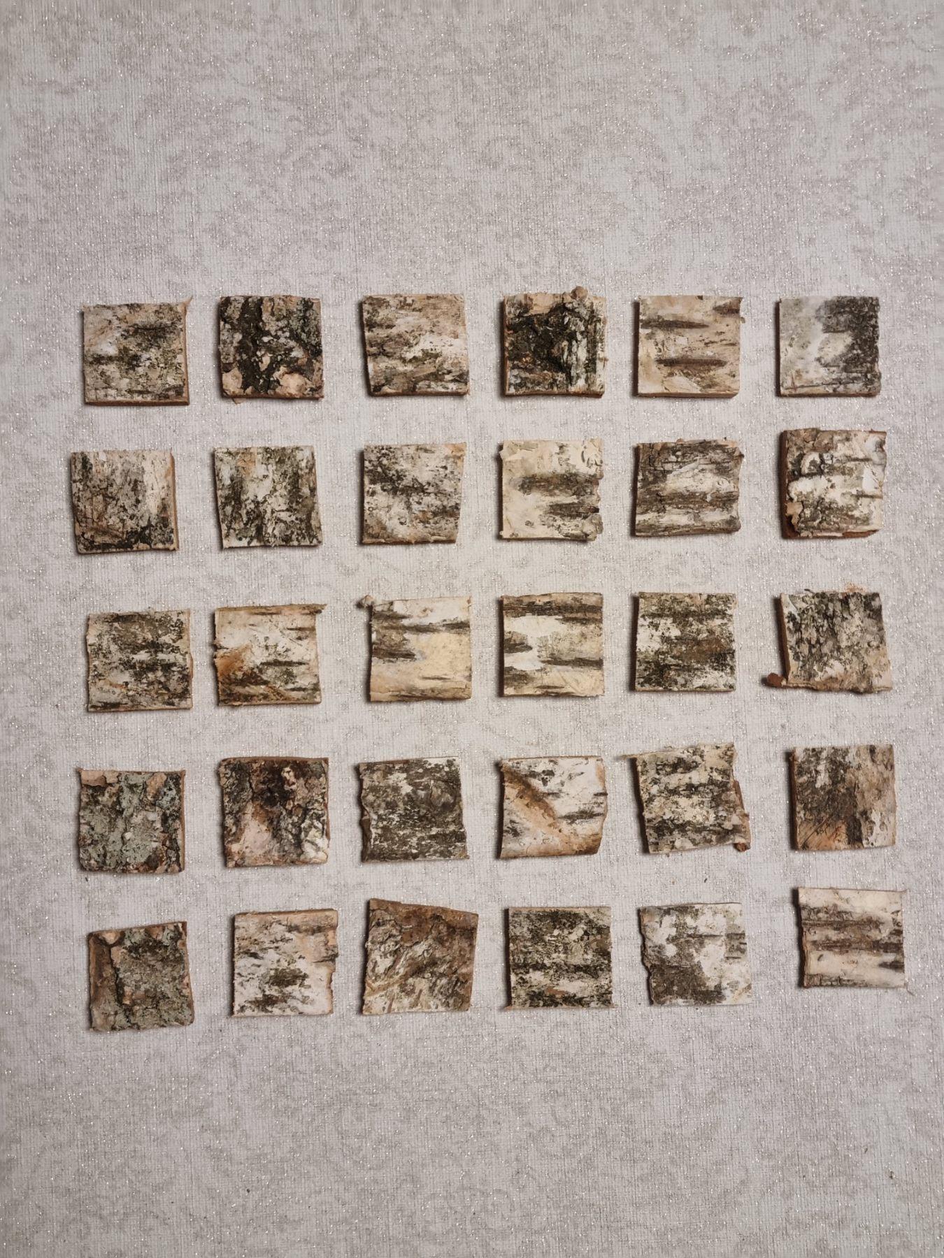 Birch Bark Squares, 30 pcs, 3x3 cm Hand-Cut Tree Bark Tiles for Crafts, Organic Birch Wood Pieces for Scrapbooking, Rustic Decor