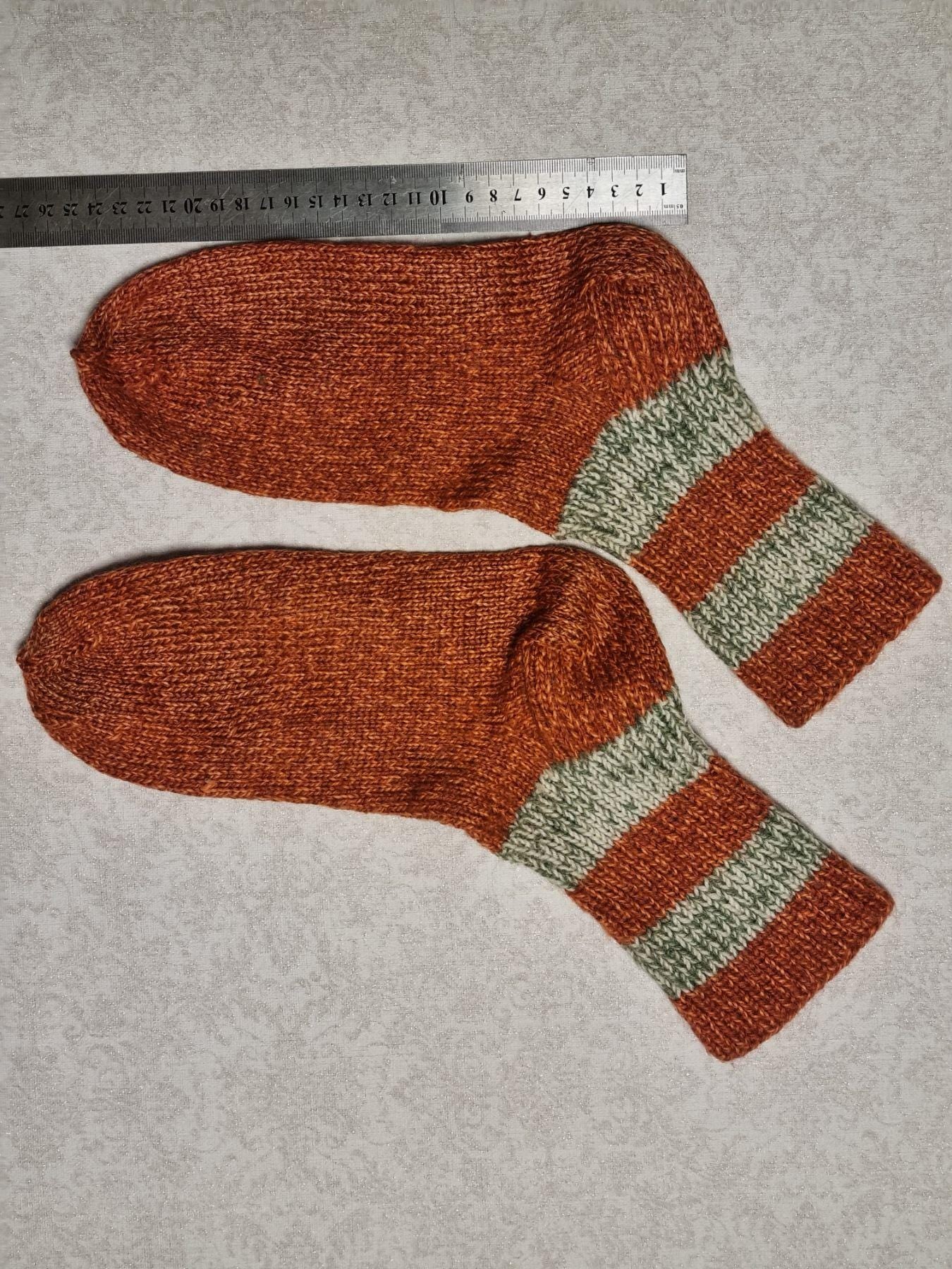 Hand Knitted Wool Socks, Rust Orange, Striped Cuffs, EU 39-40