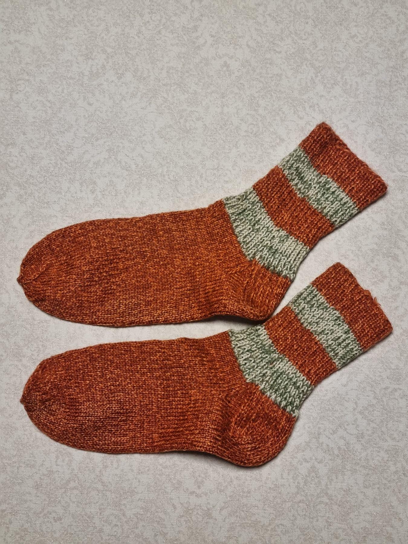 Hand Knitted Wool Socks, Rust Orange, Striped Cuffs, EU 39-40