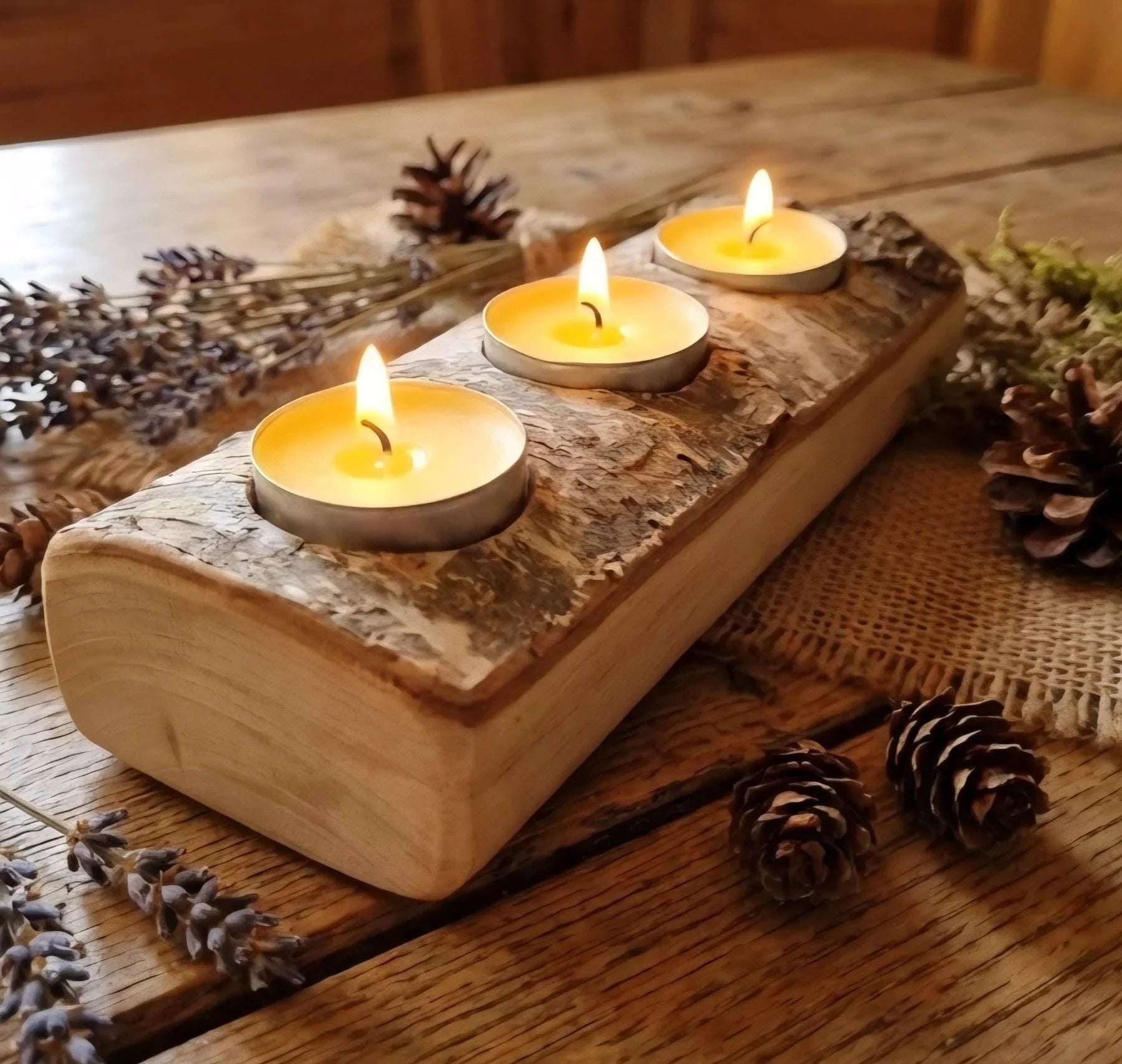 Tea Light Holder | 3 Candle Centerpiece | Natural Unfinished Log | Farmhouse Cottagecore Decor | Handcrafted in Lithuania