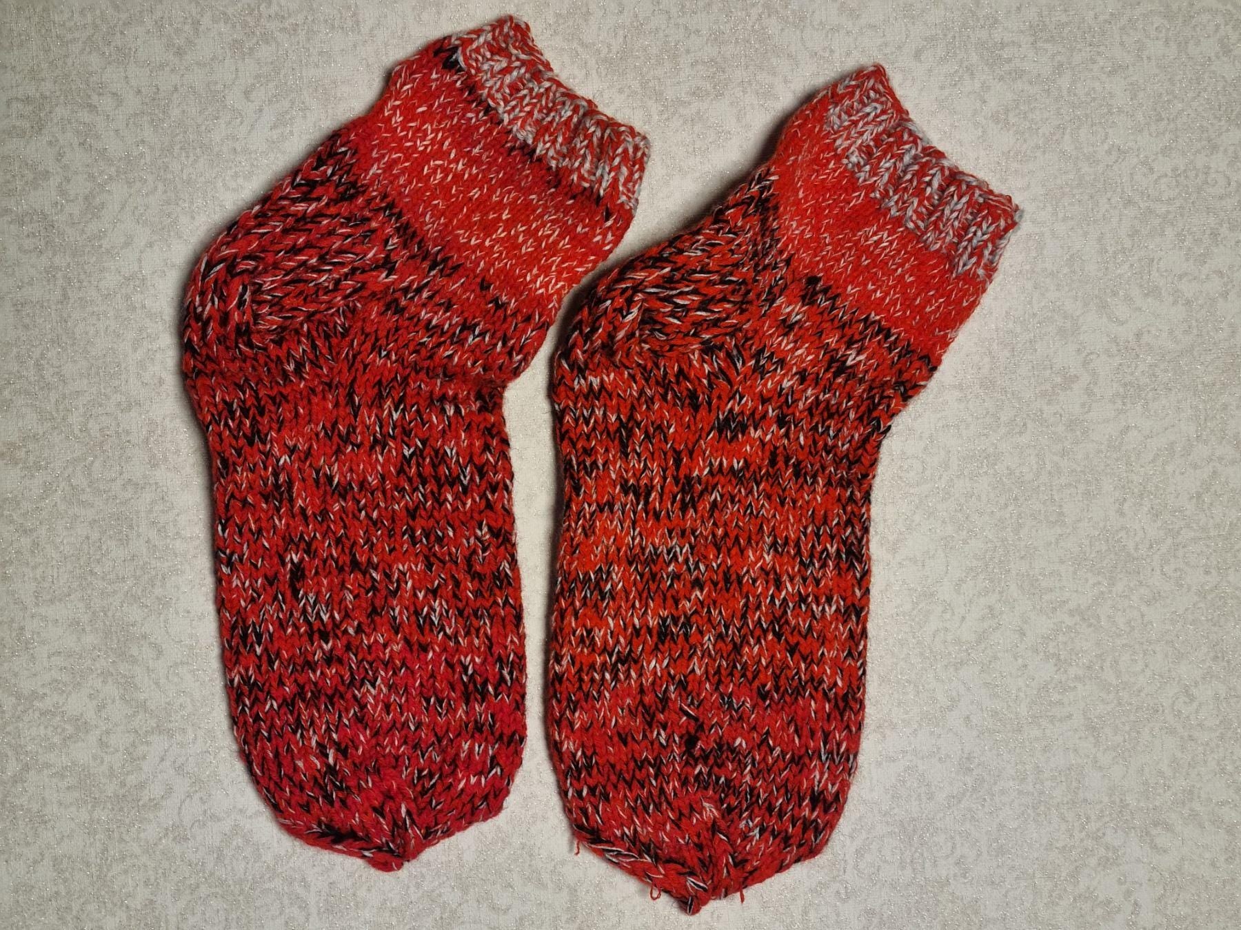 Hand Knitted Wool Ankle Socks | Red Marled Lithuanian Footwear