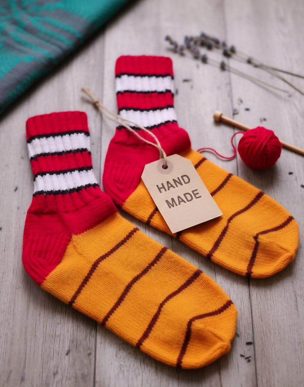 Hand Knitted Wool Socks, Striped Winter Loungewear (EU 39-40)