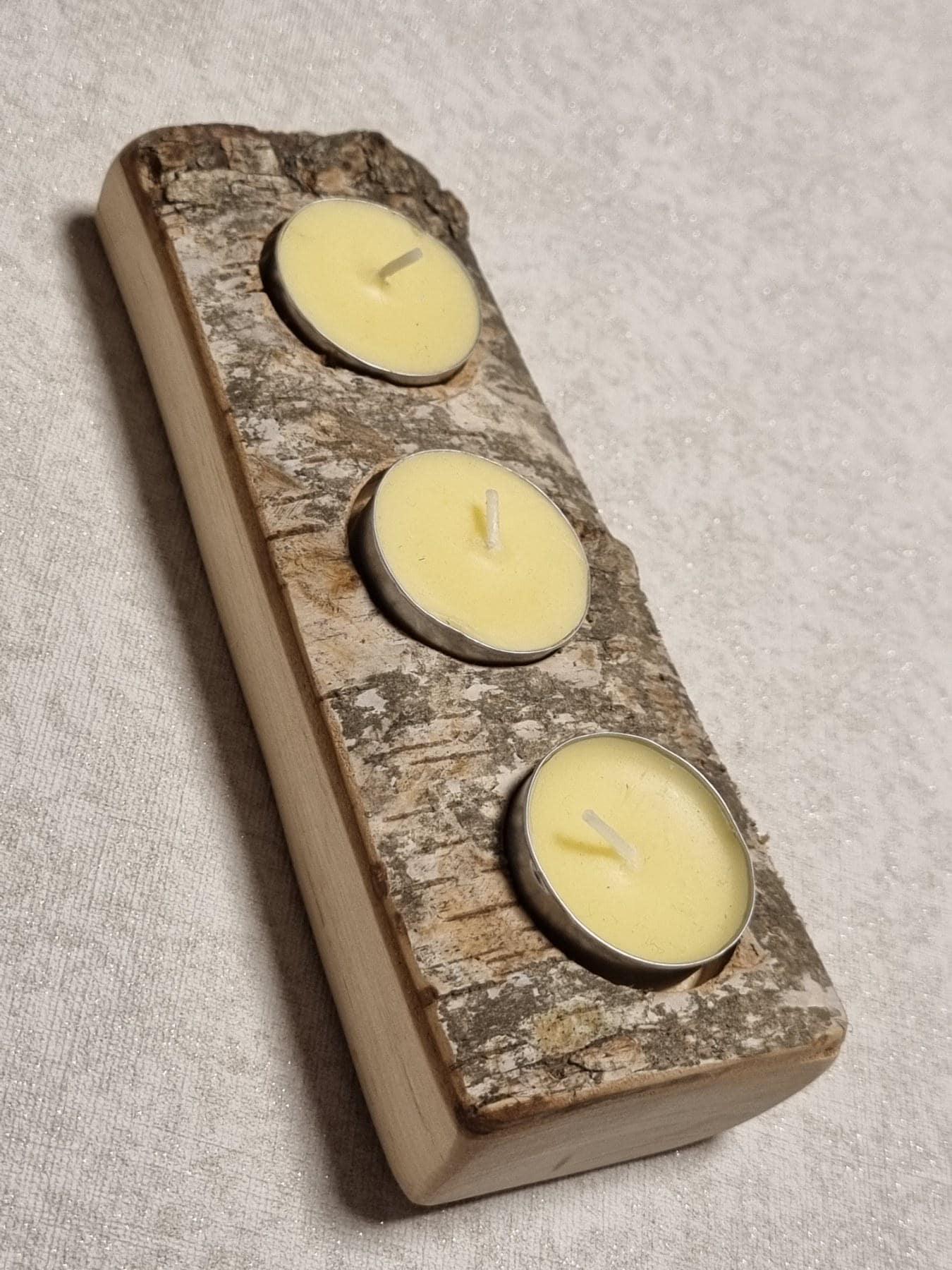 Tea Light Holder | 3 Candle Centerpiece | Natural Unfinished Log | Farmhouse Cottagecore Decor | Handcrafted in Lithuania