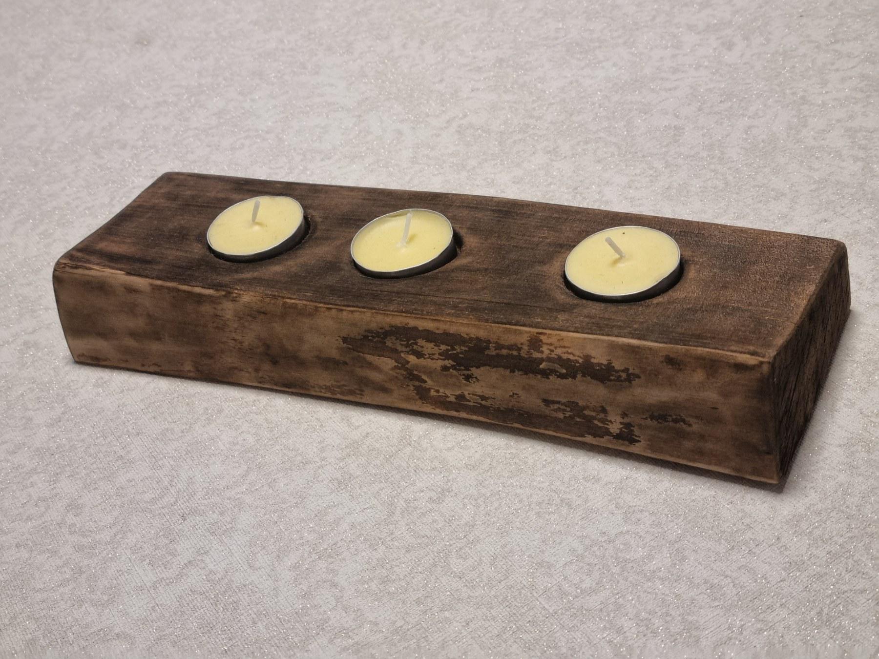 Wood Tea Light Holder | Burnt Wood Candle Centerpiece | Eco Friendly Home Decor | Handmade in Lithuania | 3 Hole Candle Stand