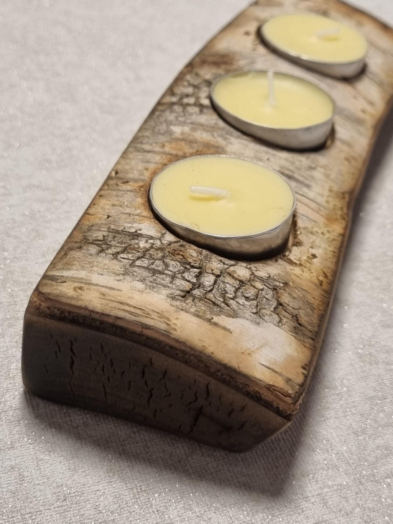 Rustic Birch Wood Candle Holder with Bark | Natural 3-Tealight Wooden Log Decor |  Handmade Lithuanian Gift