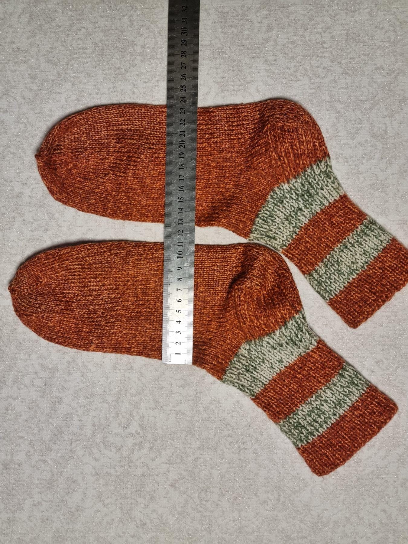 Hand Knitted Wool Socks, Rust Orange, Striped Cuffs, EU 39-40