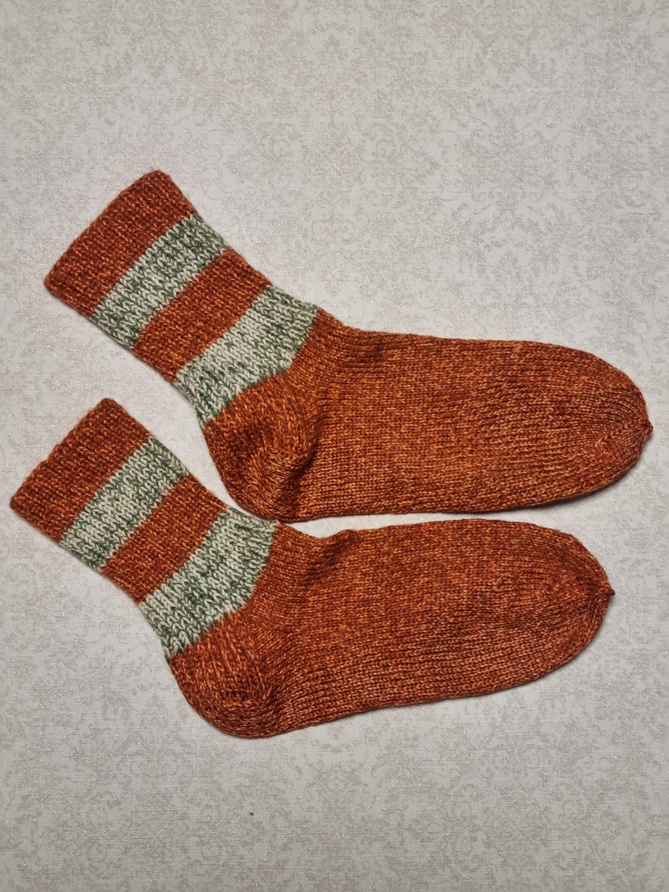 Hand Knitted Wool Socks, Rust Orange, Striped Cuffs, EU 39-40