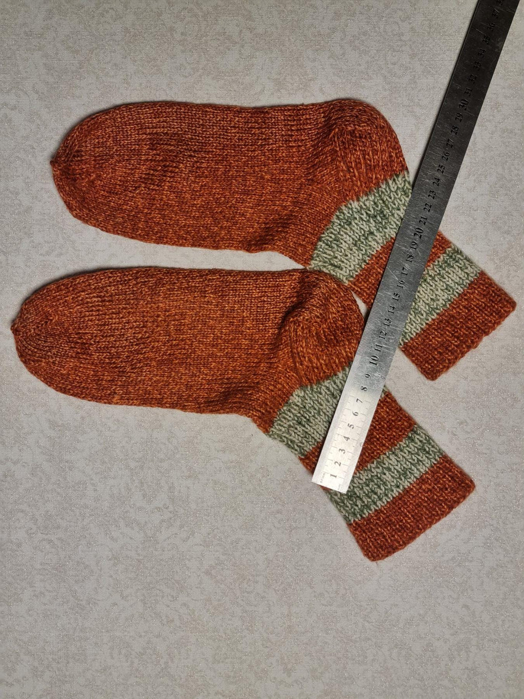 Hand Knitted Wool Socks, Rust Orange, Striped Cuffs, EU 39-40