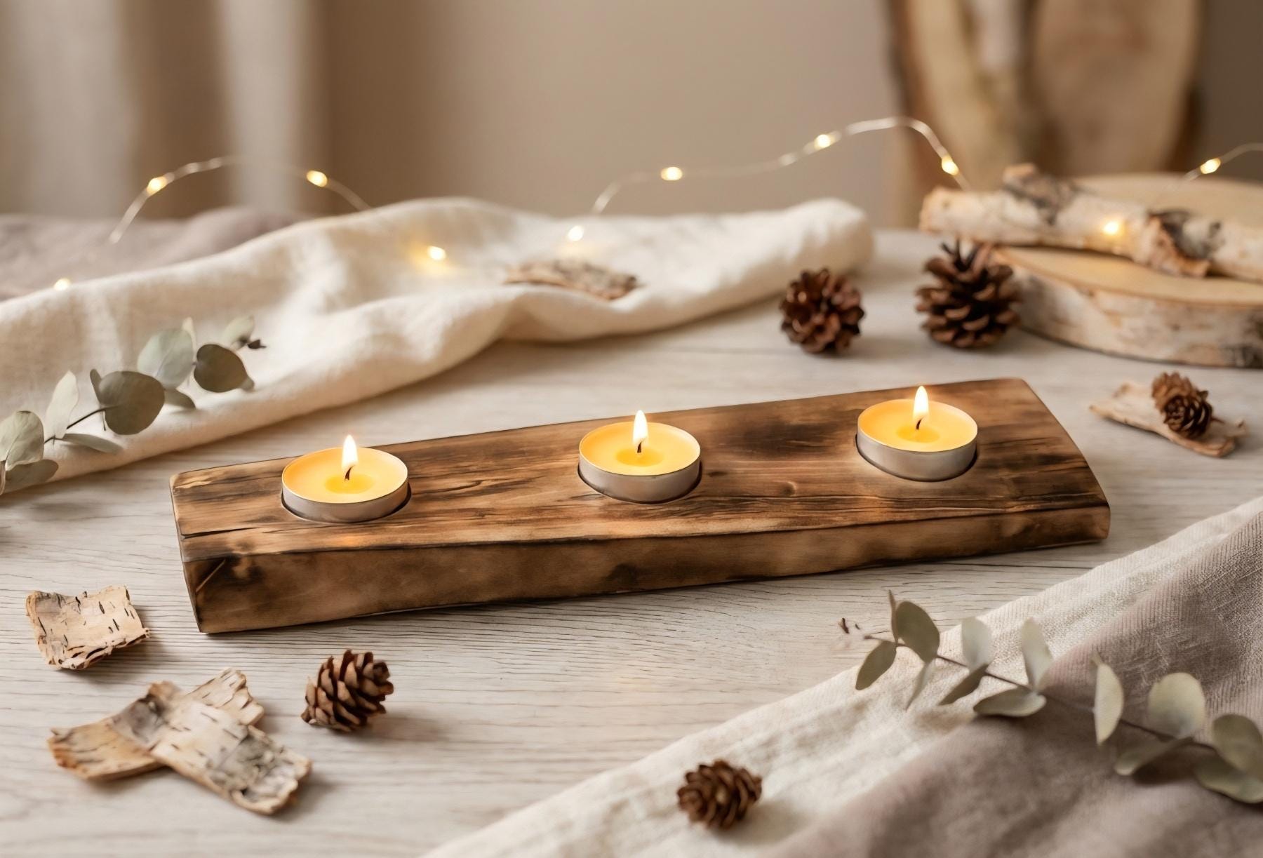 Tea Light Holder – Rustic Table Centerpiece Handmade Burnt Birch Wood