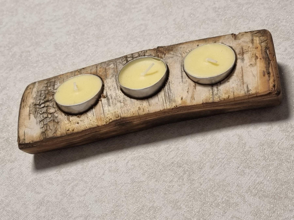 Rustic Birch Wood Candle Holder with Bark | Natural 3-Tealight Wooden Log Decor |  Handmade Lithuanian Gift