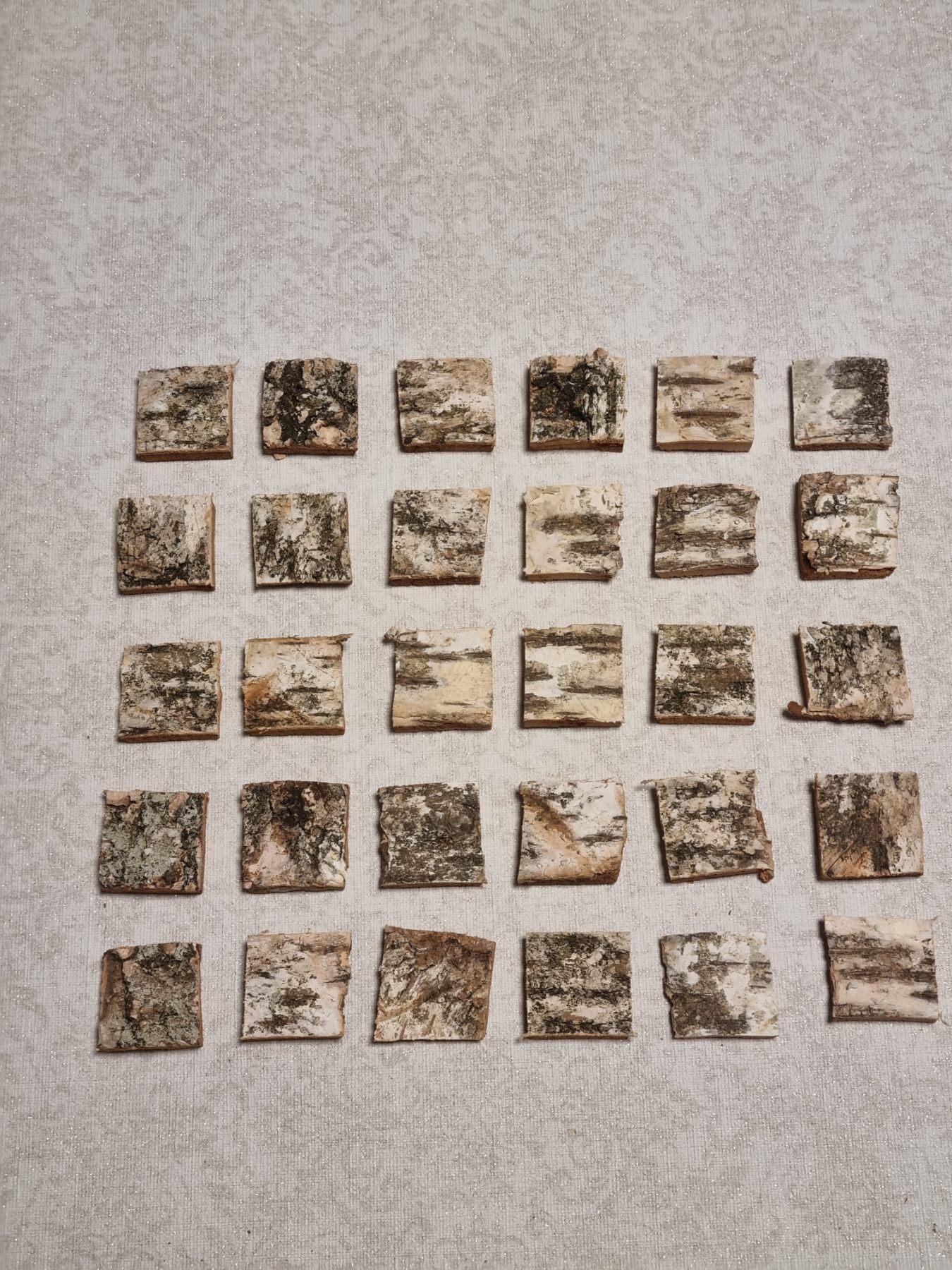 Birch Bark Squares, 30 pcs, 3x3 cm Hand-Cut Tree Bark Tiles for Crafts, Organic Birch Wood Pieces for Scrapbooking, Rustic Decor