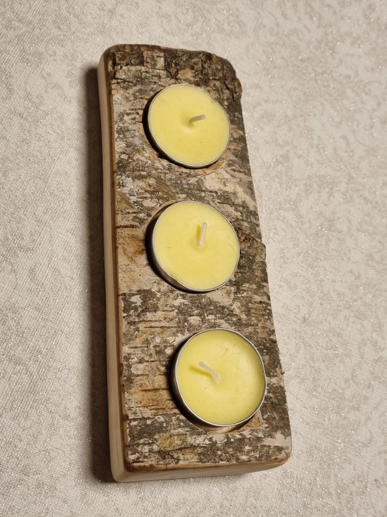 Tea Light Holder | 3 Candle Centerpiece | Natural Unfinished Log | Farmhouse Cottagecore Decor | Handcrafted in Lithuania