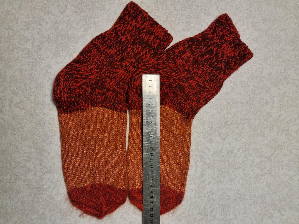 Hand Knit Wool Socks | Burgundy & Amber Color Block, Thermal