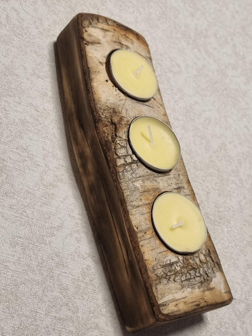 Rustic Birch Wood Candle Holder with Bark | Natural 3-Tealight Wooden Log Decor |  Handmade Lithuanian Gift
