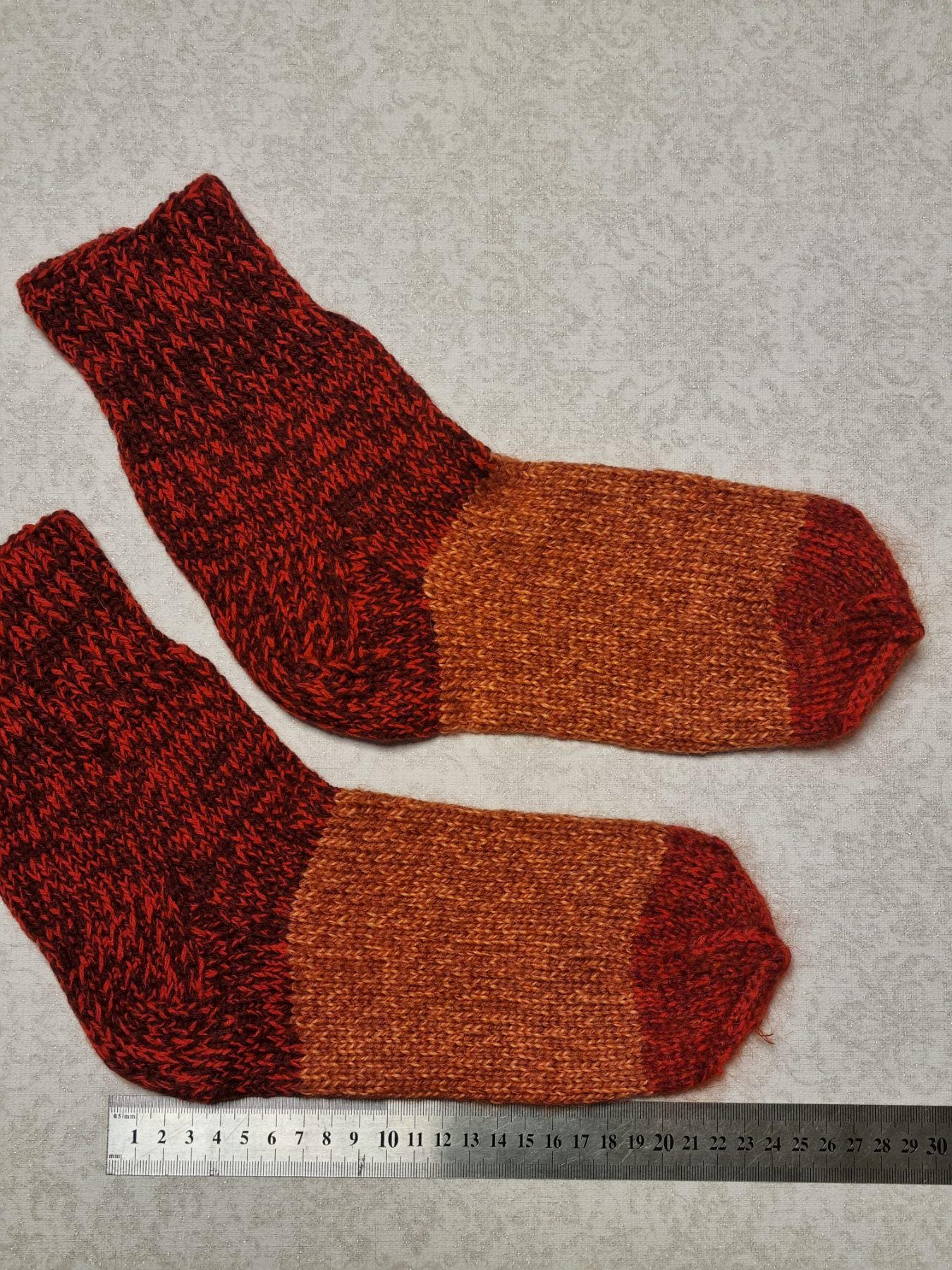 Hand Knit Wool Socks | Burgundy & Amber Color Block, Thermal
