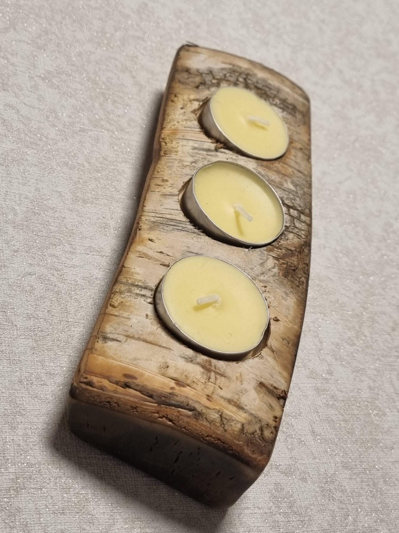 Rustic Birch Wood Candle Holder with Bark | Natural 3-Tealight Wooden Log Decor |  Handmade Lithuanian Gift
