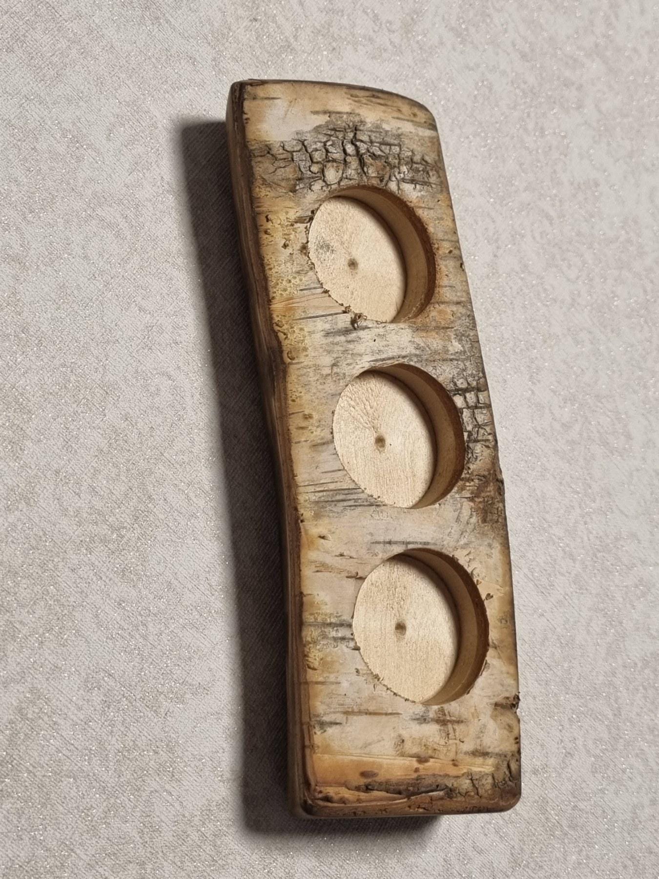 Rustic Birch Wood Candle Holder with Bark | Natural 3-Tealight Wooden Log Decor |  Handmade Lithuanian Gift