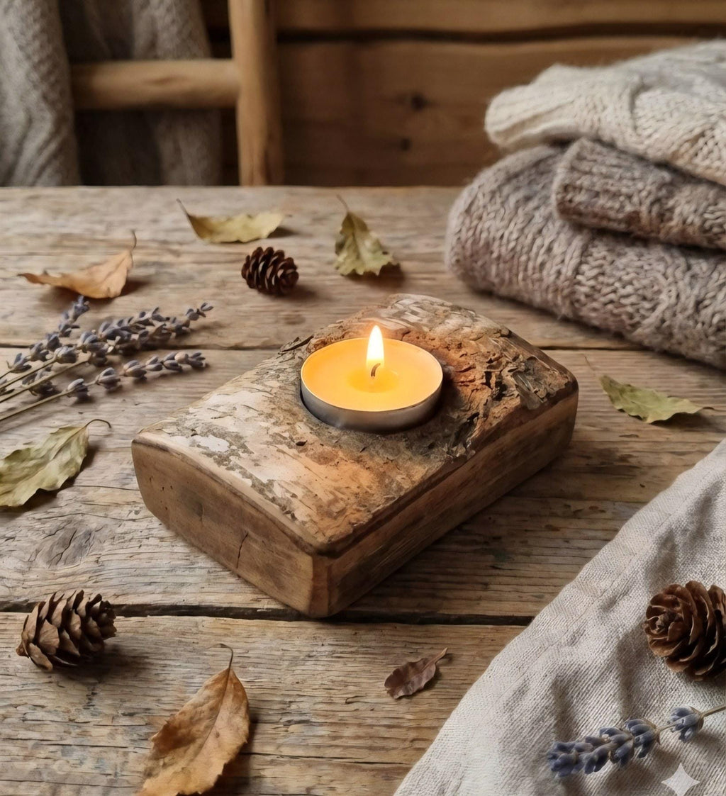 Rustic Fire-Treated Birch Bark Candle Holder - Natural Wood Decor