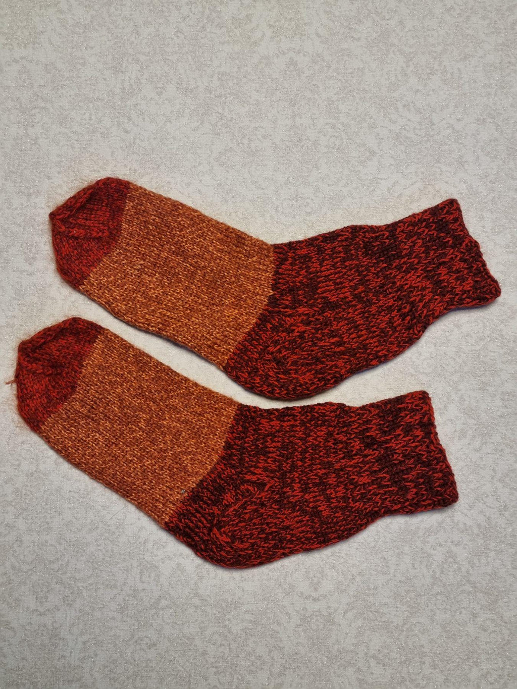 Hand Knit Wool Socks | Burgundy & Amber Color Block, Thermal