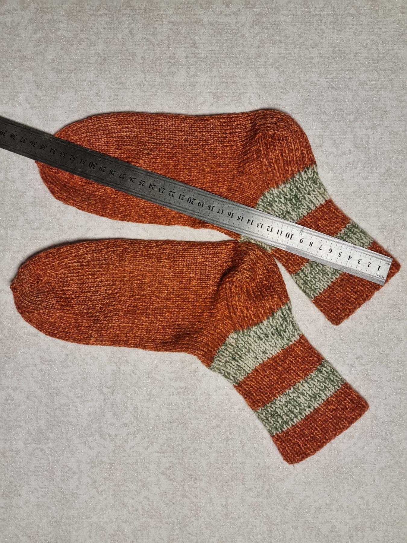 Hand Knitted Wool Socks, Rust Orange, Striped Cuffs, EU 39-40