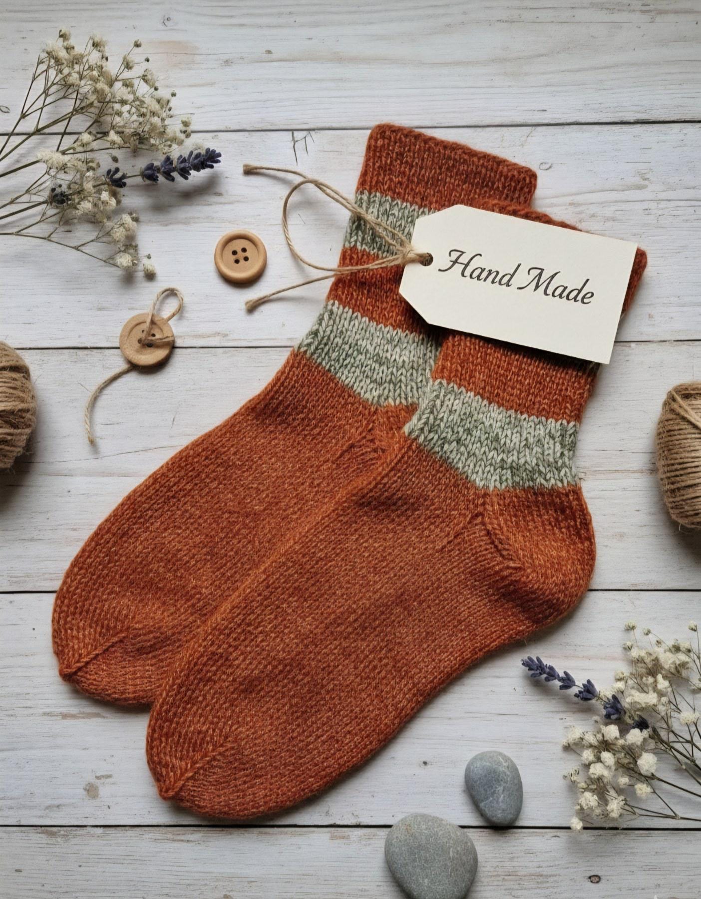 Hand Knitted Wool Socks, Rust Orange, Striped Cuffs, EU 39-40