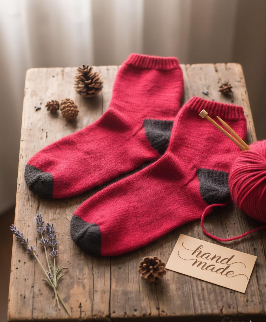 Handmade Wool Knit Socks, Red & Grey, Lithuanian Gift