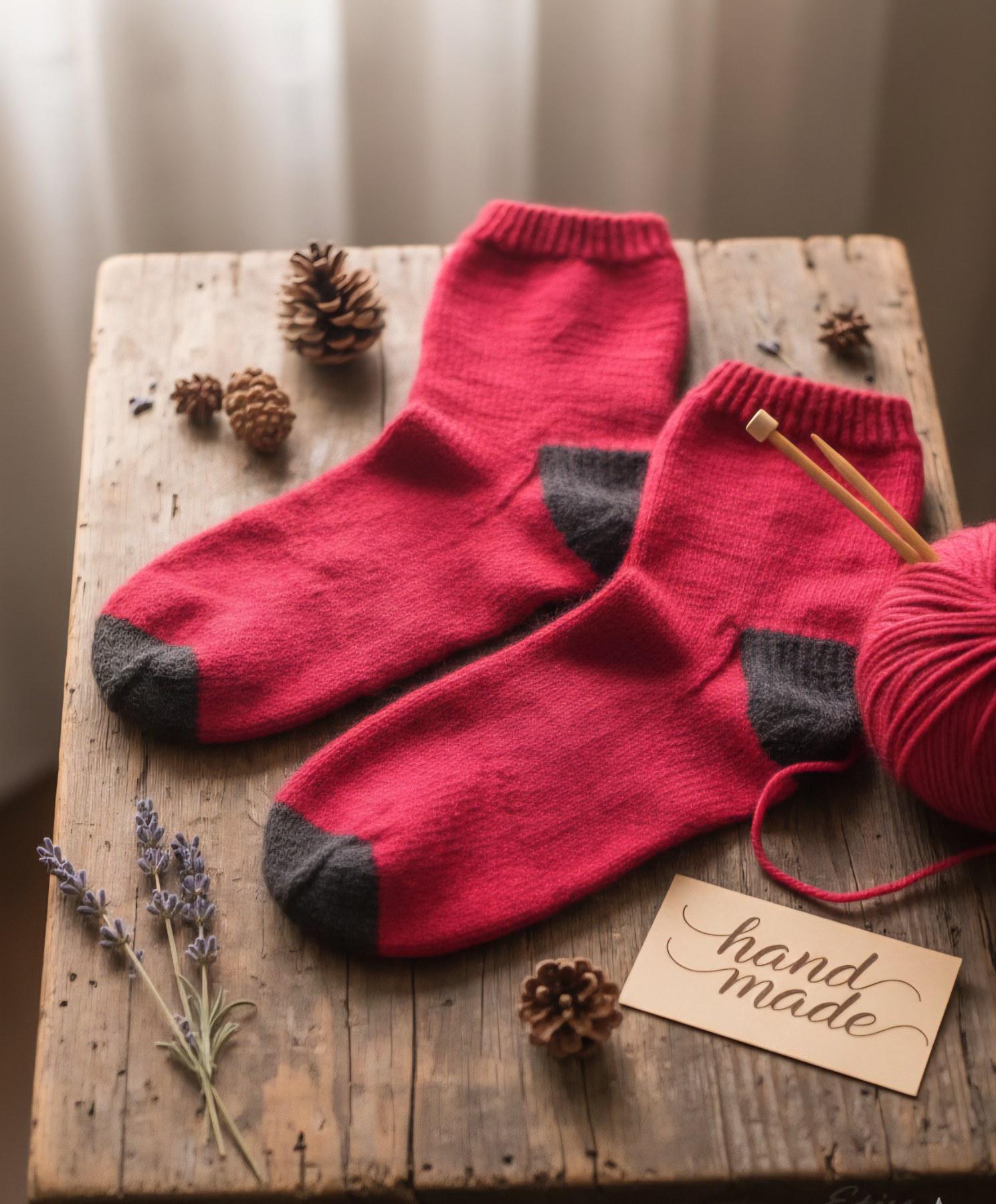 Handmade Wool Knit Socks, Red & Grey, Lithuanian Gift