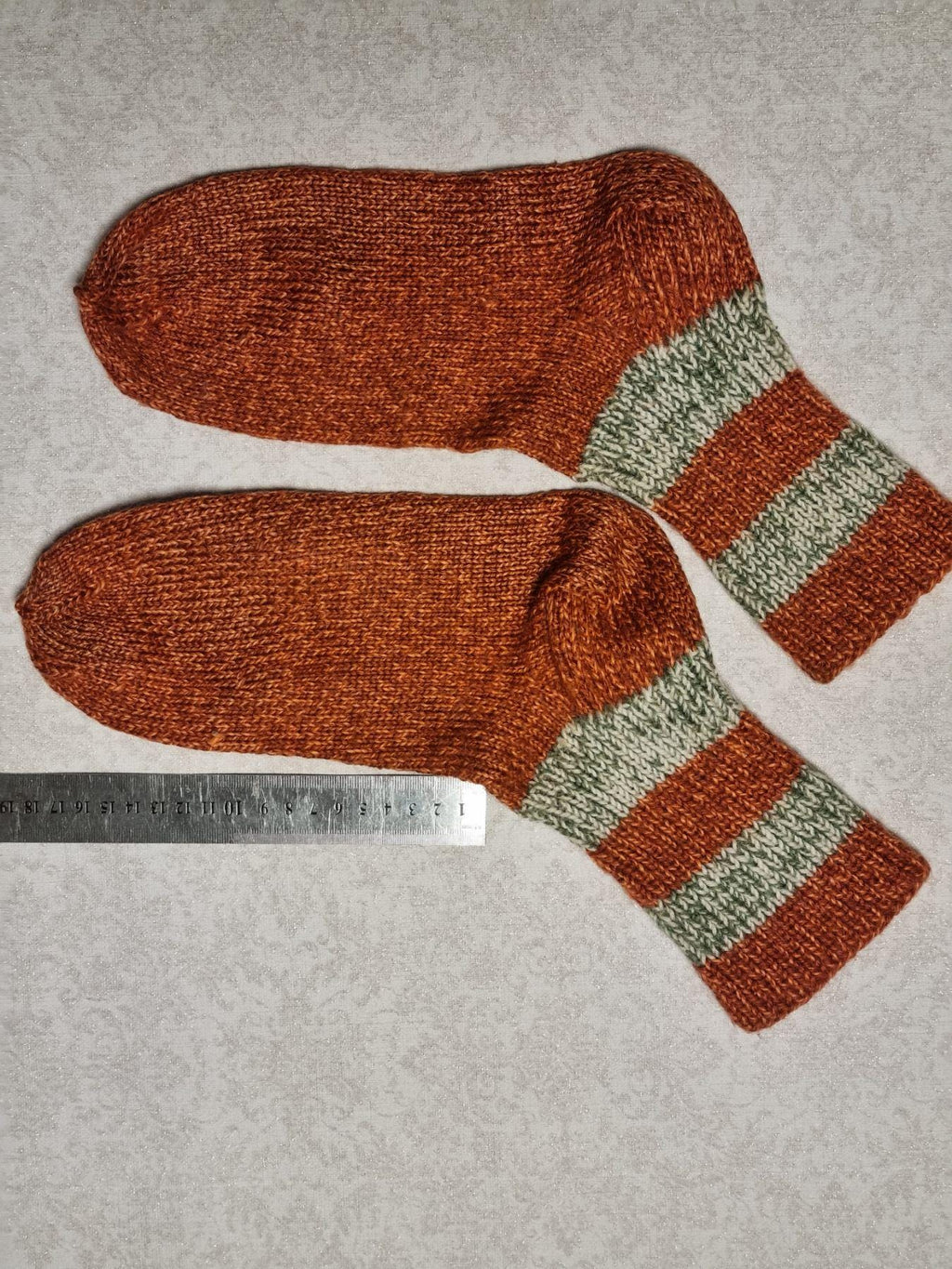 Hand Knitted Wool Socks, Rust Orange, Striped Cuffs, EU 39-40
