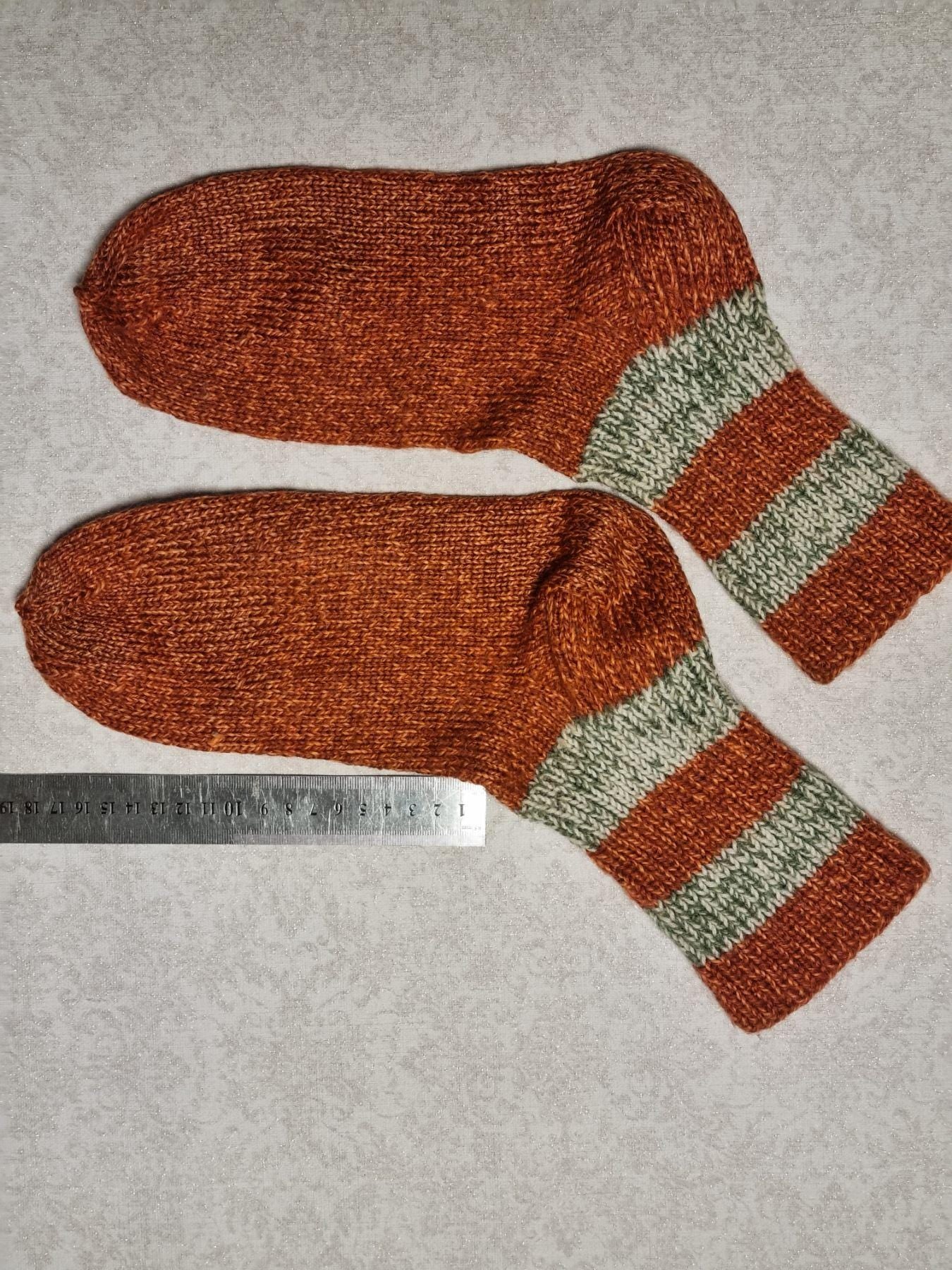 Hand Knitted Wool Socks, Rust Orange, Striped Cuffs, EU 39-40
