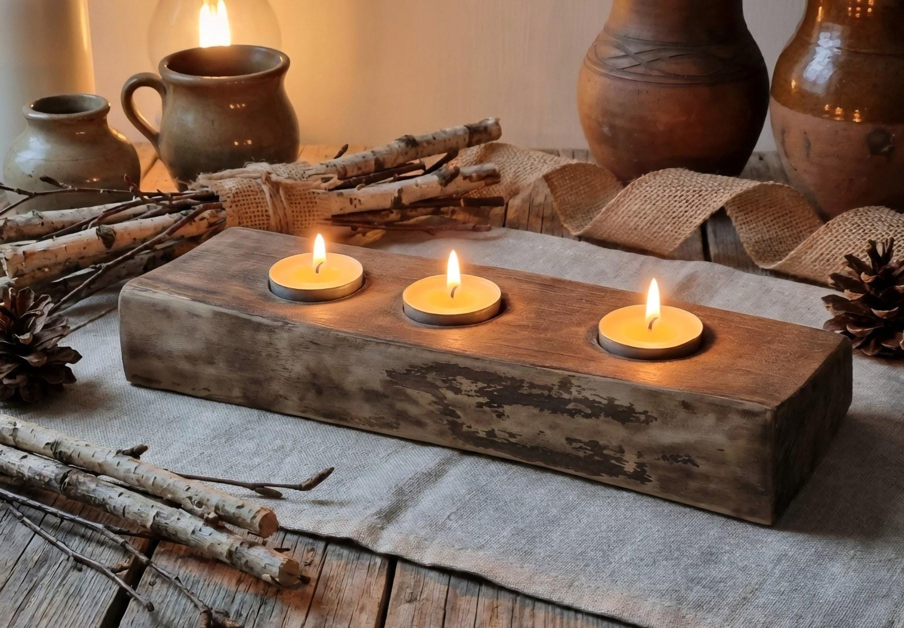 Burnt Birch Wood Tea Light Holder | Rustic Candle Centerpiece